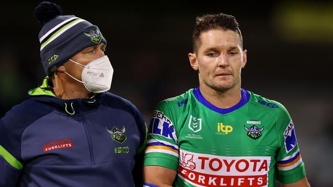 CANBERRA, AUSTRALIA - MAY 06: Jarrod Croker of the Raiders is taken from the field with an injury during the round nine NRL match between the Canberra Raiders and the Canterbury Bulldogs at GIO Stadium, on May 06, 2022, in Canberra, Australia. (Photo by Mark Nolan/Getty Images)