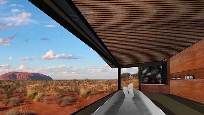 An artist’s impression of the route, views and accommodation part of the proposed Uluru Lodge Walk from the Australian Walking Company (AWC). Picture: Troppo Architects