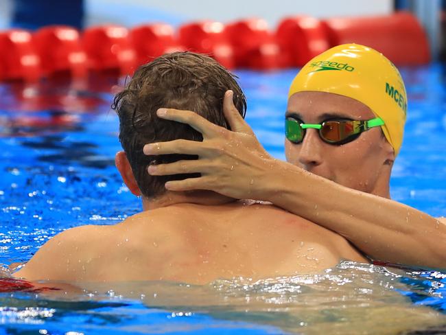 Rio Olympics 2016. The Finals and Semifinals of the swimming on day 05, at the Olympic Aquatic Centre in Rio de Janeiro, Brazil. Kyle Chalmers and Cameron McEvoy after the Men's 100m Freestyle Final. Kyle Chalmers wins Gold. Picture: Alex Coppel.
