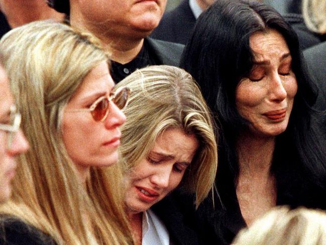 Cher, her daughter Chastity (centre) with Mary Bono, who was the widow of Sonny Bono, at his funeral in Palm Springs in January, 1998.