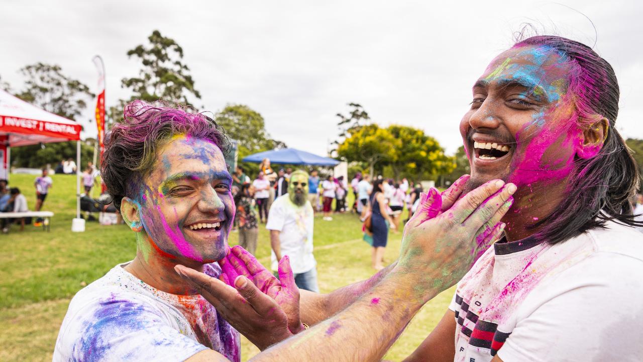Shrijak Dhungana (left) and Kuber Ranabhat as the Toowoomba Indian and Nepalese communities celebrate Holi, the festival of colours, Saturday, March 23, 2024. Picture: Kevin Farmer