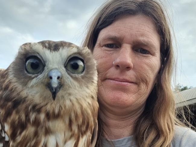 Bohollow Wildlife Shelter's Kirsty Ramadan with one of nine southern boobook owls that had to be rescued in the floods. Pictured: Supplied