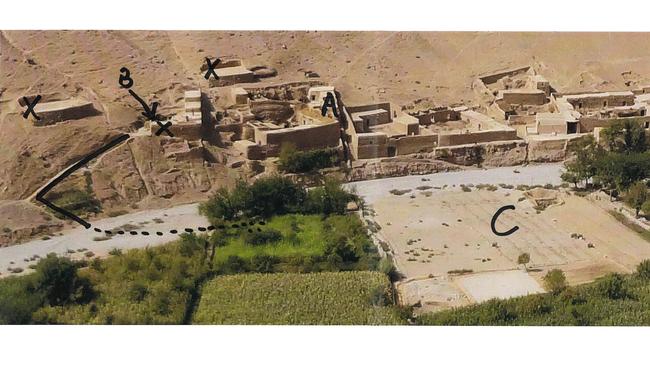 High resolution photos of the Afghan village of Darwan, which was raided in 2012 by the SAS. Mr Roberts-Smith denies kicking unarmed farmer Ali Jan down a cliff face in the village, as alleged by Nine newspapers., Mr Roberts-Smith marked up the photograph during his evidence with black marker to show points and paths navigated by his troupe. Picture released by the courts.