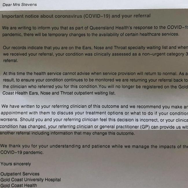 A letter sent to Canungra woman Lauren Stevens letter saying her outpatient appointment has been cancelled by Gold Coast Health because of coronavirus. Supplied.