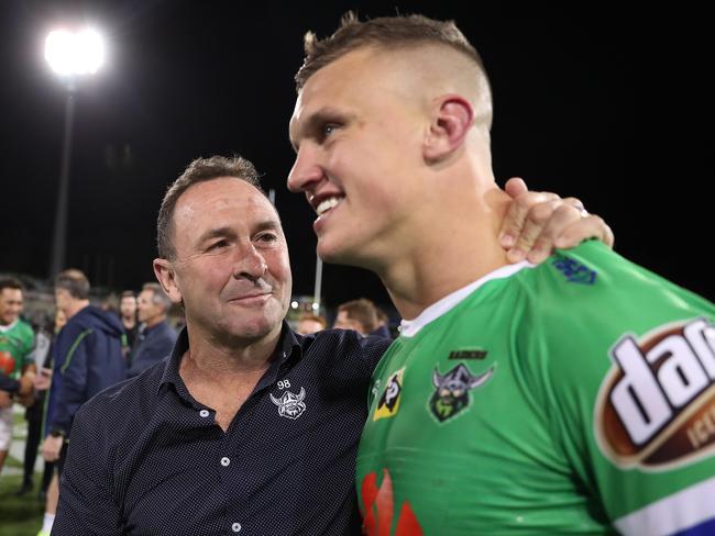 Canberra coach Ricky Stuart with Canberra's Jack Wighton after the Canberra Raiders v South Sydney Preliminary NRL Final at GIO Stadium, Canberra.