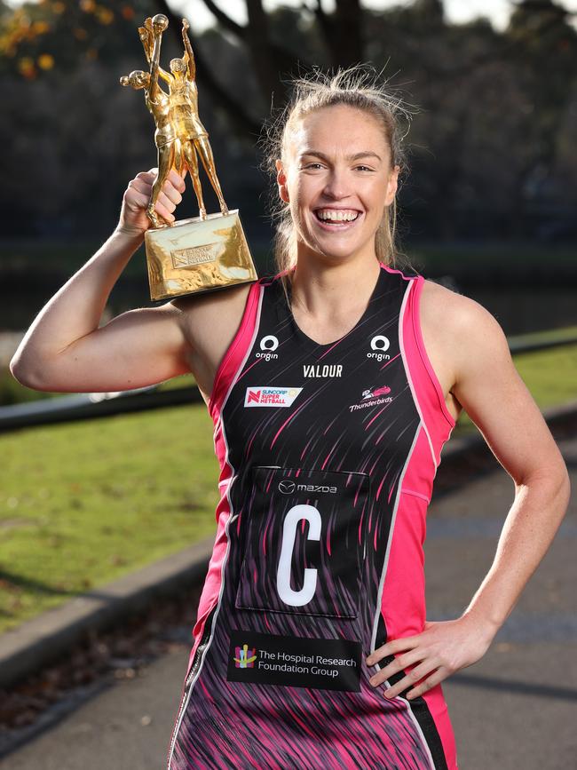 Netball Grand Final. Thunderbirds captain Hannah Petty with the 2023 Suncorp Super Netball Grand Final trophy. Picture: David Caird