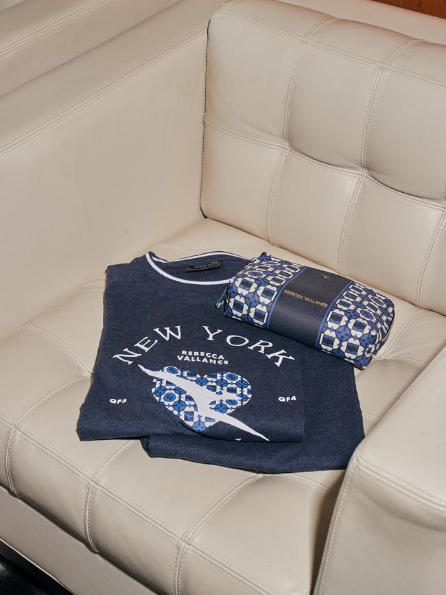 RV x Qantas limited edition sleep suit and amenities kit to celebrate the airline's new Sydney- Auckland-New York flight route, which launches in June. Picture: Ashleigh Larden