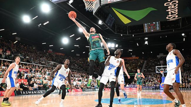 Sean Macdonald of the JackJumpers drives to the basket during the round nine NBL match between Tasmania JackJumpers and Brisbane Bullets at MyState Bank Arena, on November 15, 2024, in Hobart, Australia. Picture: Photo by Steve Bell/Getty Images