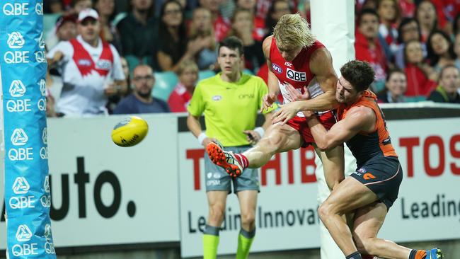 Tom Bugg pushes Isaac Heeney as he shoots for goal. Picture: Phil Hillyard