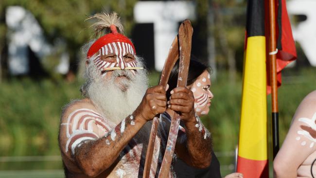 Elder Moogy Sumner at a Smoking Ceremony to begin Australia Day 2022 celebrations in Adelaide on Kaurna land at Elder Park/Tarntanya Wama. Picture: NCA NewsWire / Brenton Edwards.