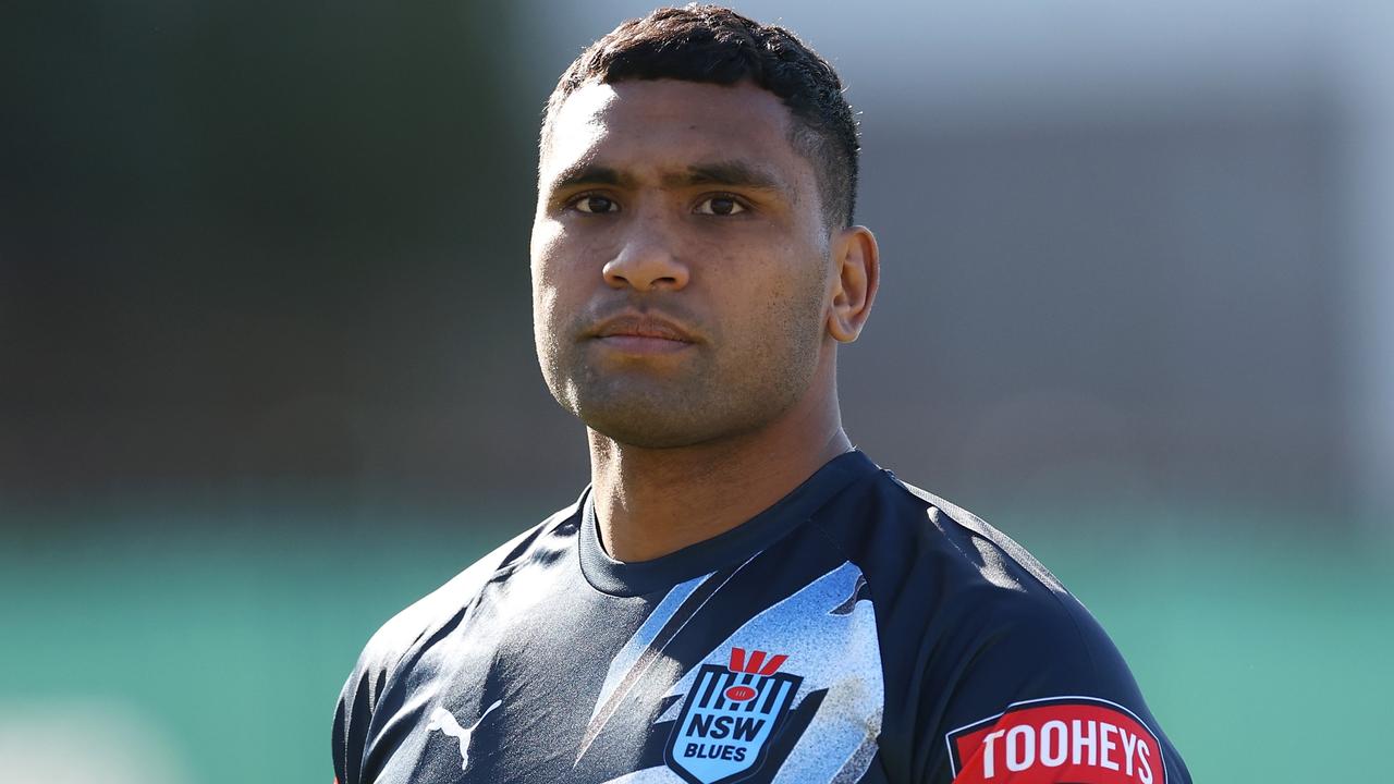 SYDNEY, AUSTRALIA - MAY 23: Tevita Pangai Junior looks on during a New South Wales Blues State of Origin training session at Coogee Oval on May 23, 2023 in Sydney, Australia. (Photo by Mark Kolbe/Getty Images)