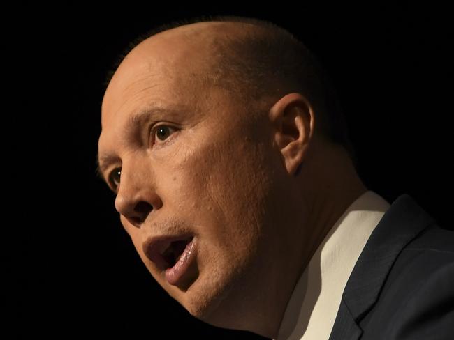 Australian Home Affairs Minister Peter Dutton speaks during the Australian Cyber Security Centre (ACSC) ACSC2018 conference in Canberra, Wednesday, April 11, 2018. (AAP Image/Lukas Coch) NO ARCHIVING