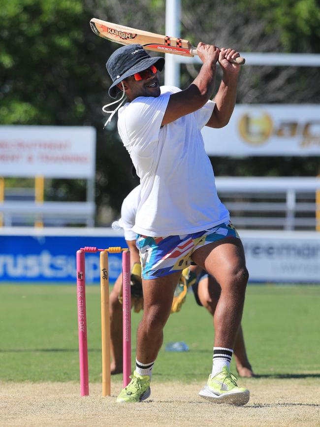 26th January 2021 - Gold Coast Titans player Tyrone Peachy belts a ball to the boundary at Pizzy park as the Bears took on the Gold Coast Titans in an Australian Day cricket clash. Photo: Scott Powick NEWSCORP