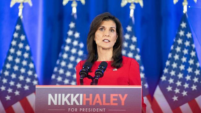 Nikki Haley announces the suspension of her presidential campaign at her campaign headquarters. Picture; Getty Images via AFP.