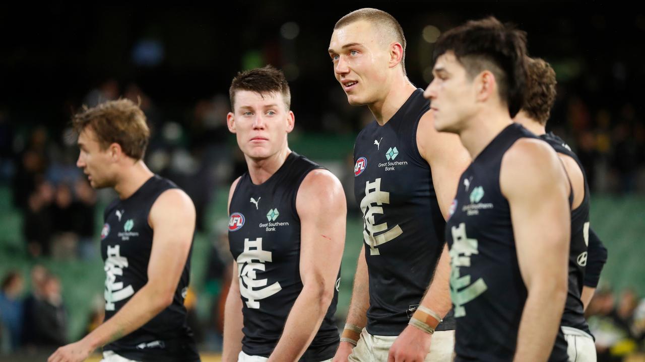 Sam Walsh, Patrick Cripps and the rest of the Blues’ midfield have a big job against Fremantle. Picture: Getty Images