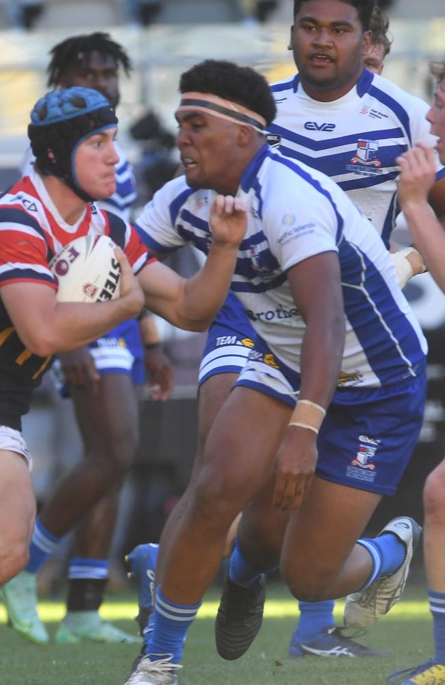 Final of the Arron Payne Cup between Ignatius Park College and St Patrick's College at the Queensland Country Bank Stadium. St Patrick's Will Shears and Ignatius Jamal Shibasaki. Park's Picture: Evan Morgan