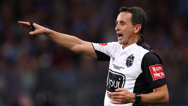 PERTH, AUSTRALIA — JUNE 23: Referee Gerard Sutton reacts during game two of the 2019 State of Origin series between the New South Wales Blues and the Queensland Maroons at Optus Stadium on June 23, 2019 in Perth, Australia. (Photo by Cameron Spencer/Getty Images)