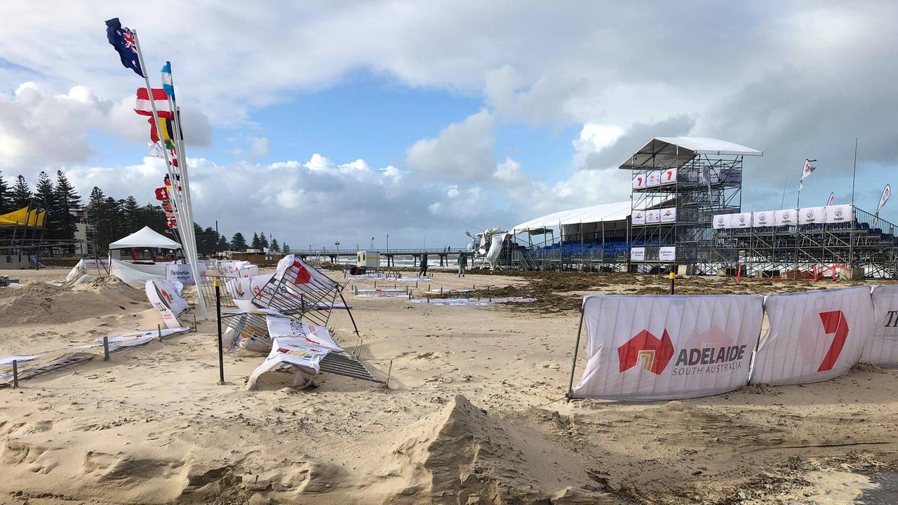 Storm damage to the Surf Lifesaving Championships at Glenelg. Picture: Dan Demaria