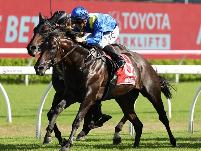 SYDNEY, AUSTRALIA - MARCH 08: Tim Clark  riding Royal Patronage win Race 8 Toyota Forklifts Canterbury Stakes during Sydney Racing at Royal Randwick Racecourse on March 08, 2025 in Sydney, Australia. (Photo by Jeremy Ng/Getty Images)