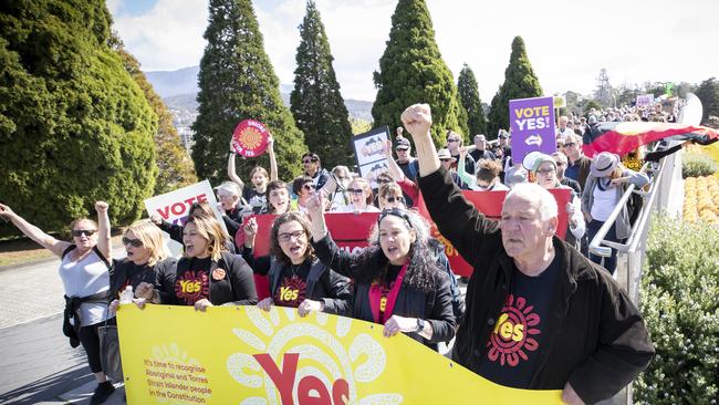 Alison Overeem, Jade Ritchie, Marta Hodul- Lenton, Lee Archer and Rodney Dillon during the Hobart Walk for Yes. Picture: Chris Kidd