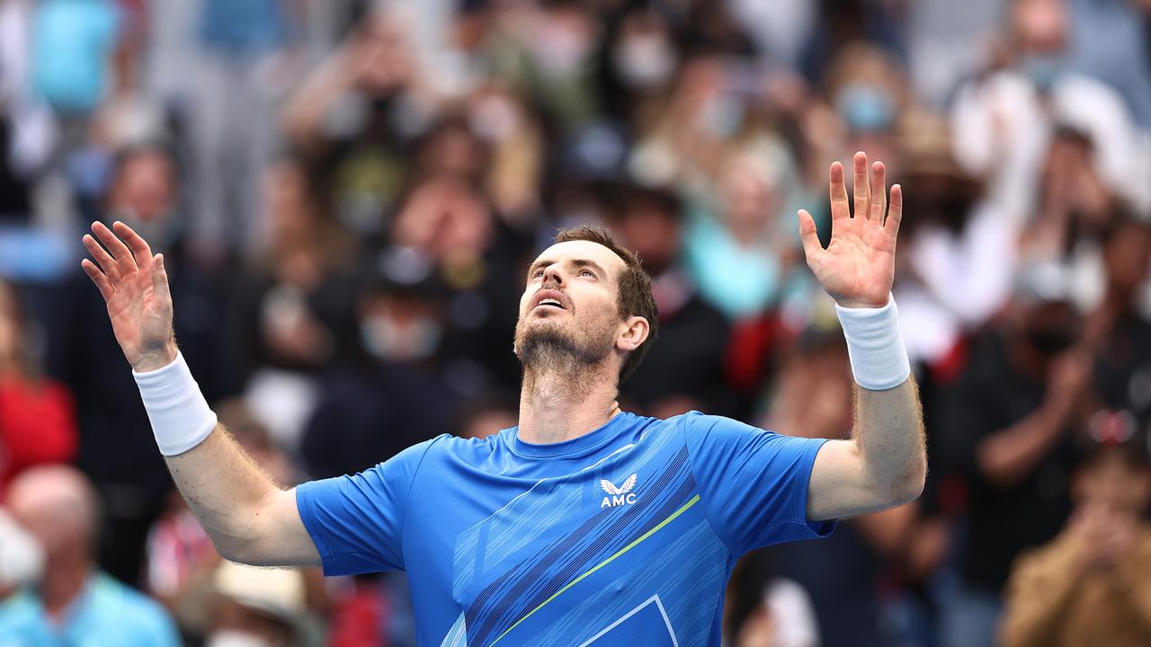 Andy Murray reacts after his first-round triumph. Picture: Cameron Spencer/Getty Images