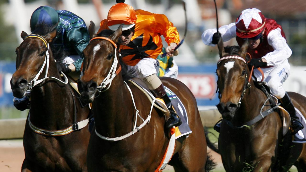 Racehorse Samantha Miss (2nd L) ridden by jockey Hugh Bowman winning race 5, Tea Rose Stakes at Rosehill Gardens Racecourse, Sydney.