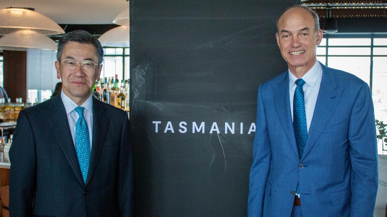 Tasmanian Trade Minister Guy Barnett with the Ambassador of Japan, His Excellency Shingo Yamagami at the Crowne Plaza Hotel in Hobart on Tuesday, June 8, 2021.