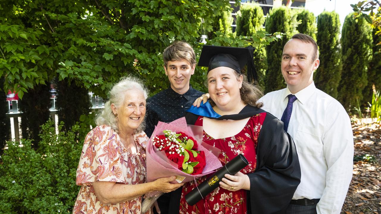 Bachelor of Nursing graduate Erin Cox with mum Karen Antuar, son Adham White and husband Ben Cox at the UniSQ graduation ceremony at Empire Theatres, Wednesday, December 14, 2022.