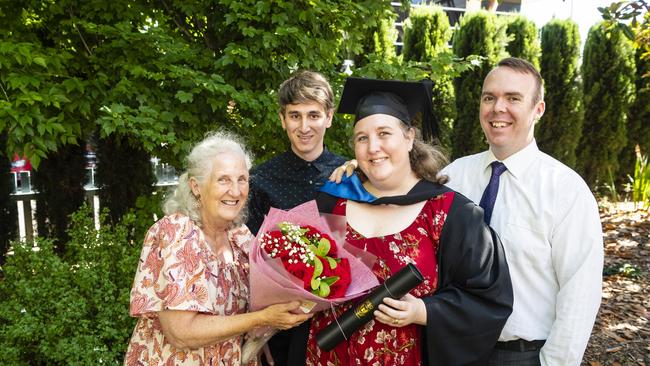 Bachelor of Nursing graduate Erin Cox with mum Karen Antuar, son Adham White and husband Ben Cox at the UniSQ graduation ceremony at Empire Theatres, Wednesday, December 14, 2022.