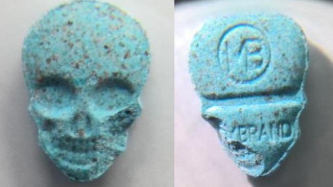 A blue tablet that contained 216 mg of MDMA. Picture: NSW Health