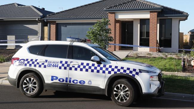 Police at the scene where a body was found in Wyndham Vale. Picture: David Crosling