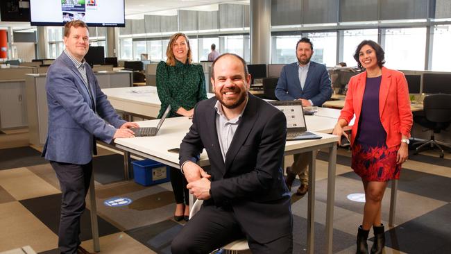 Part of The Advertiser’s digital team: from left to right, digital editor Michael Owen-Brown, deputy digital editor Kara Jung, executive editor Rod Savage, premium content editor Greg Barila and audience development editor Veathika Jain. Picture: Matt Turner