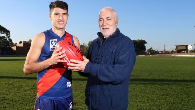 Phil Cleary, who is the stand-in coach at Avondale Heights, and Coburg footballer Billy Cannolo. Picture: Hamish Blair