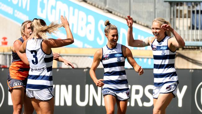 Phoebe McWilliams after slotting the Cats’ only goal. Picture: Getty Images