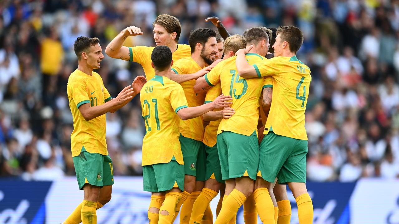 Mitchell Duke of the Socceroos celebrates after scoring a goal during the International Friendly match between the New Zealand All Whites and Australia Socceroos at Eden Park on September 25, 2022 in Auckland, New Zealand. (Photo by Hannah Peters/Getty Images)