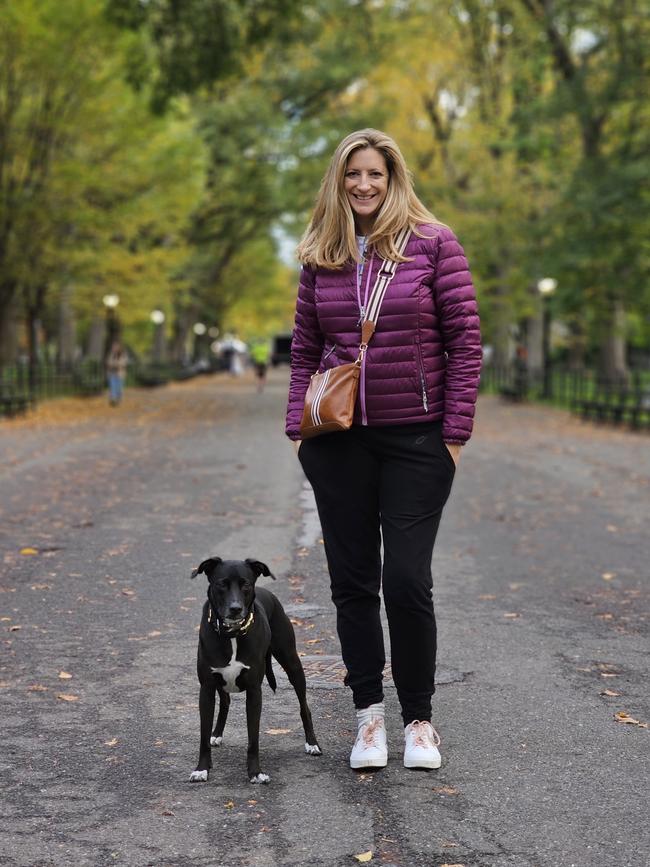 Tasmania's Liza-Jane Sowden, living like a local and wearing Miss G &amp; Me pants in New York's Central Park while walking Scotland the dog. Picture: Jennifer Mitchell