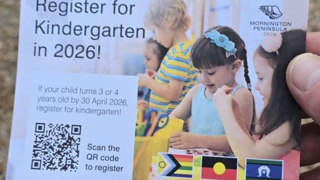 Mornington Peninsula Shire flyer promoting its kinder program includes minority flags but omits the Australian flag. Picture: supplied/Facebook