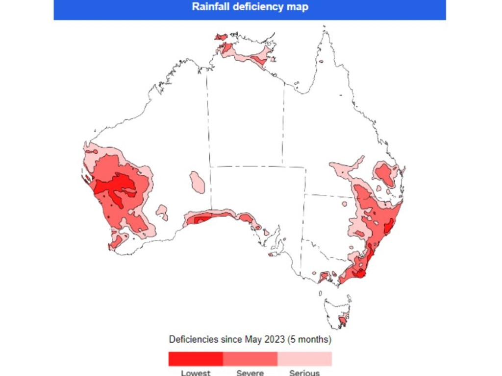 The Bureau of Meteorology rain deficiency map for last five months (May to October 2023). Picture: Bureau of Meteorology