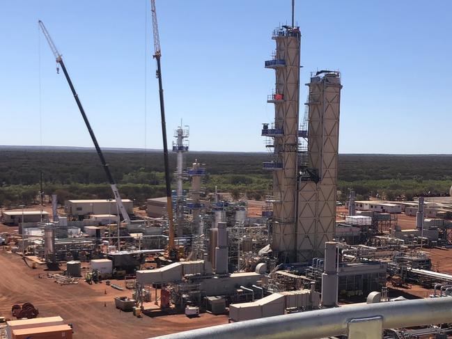 Chief Minister Michael Gunner surveying the works of the Jemena gas pipeline and compressor station at Tennant Creek.