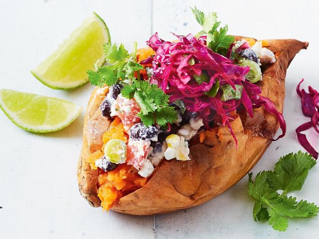 Sweet potatoes with chicken and jalapen?o slaw.