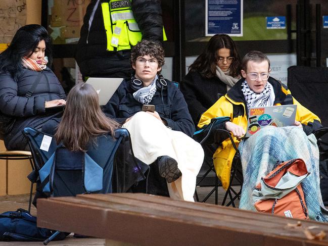 MELBOURNE, MAY 21, 2024: Students and staff at Melbourne University continue to protest for Palestine at the Arts West building. Picture: Mark Stewart