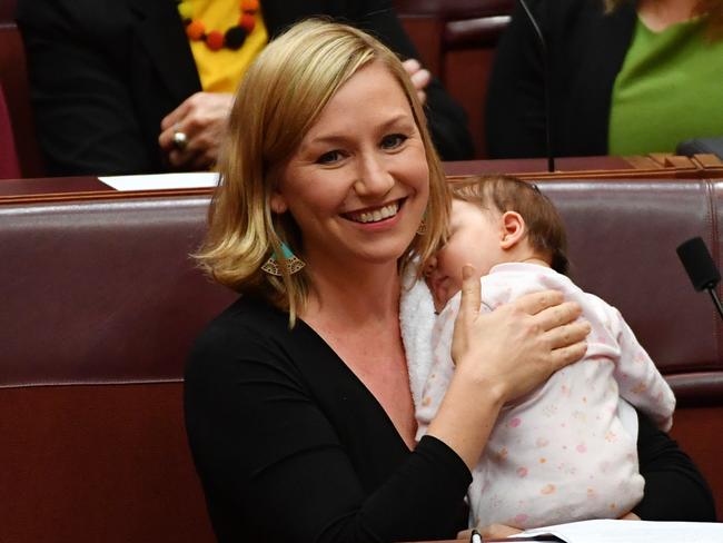 Greens senator Larissa Waters soothes her baby Alia Joy in the Senate Chamber at Parliament House in Canberra. Picture: AAP Image/Mick Tsikas