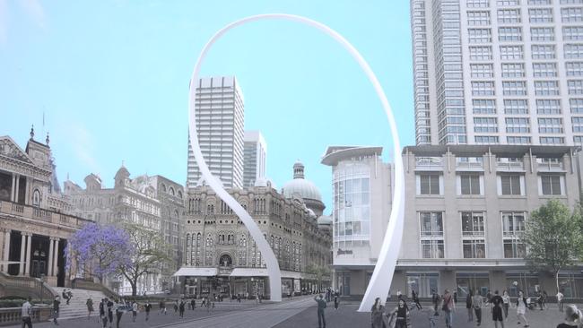 An artist’s impression of the City of Sydney’s Cloud Arch sculpture to sit outside Town Hall.