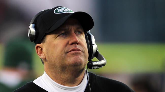 Head coach Rex Ryan of the New York Jets looks on during their 2011 AFC divisional playoff game against the New England Patriots at Gillette Stadium. (Photo by Jim Rogash/Getty Images)