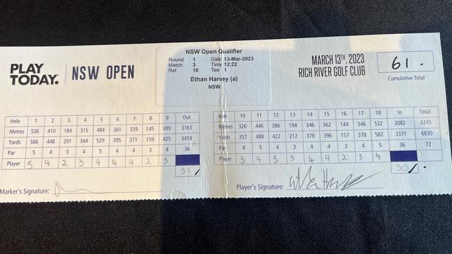 11-under. Ethan Harvey's scorecard. Photo: David Tease | Golf NSW