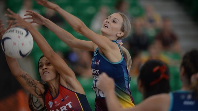 Northern Rays Zoe McIntyre jumps to intercept the ball from Brisbane South Wildcat's Hulita Veve earlier in the season