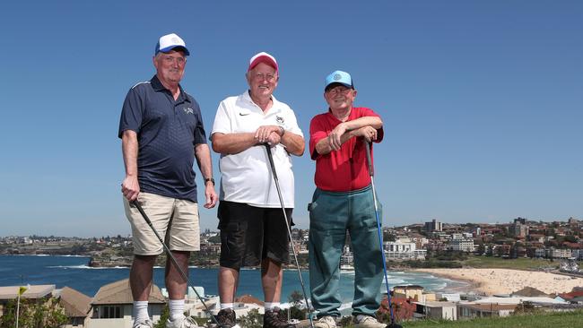 Bondi Golf &amp; Diggers Club members Gerry Hanniffy, Lee McDonald and Tom Williams at their local course in Bondi. Picture: Brett Costello