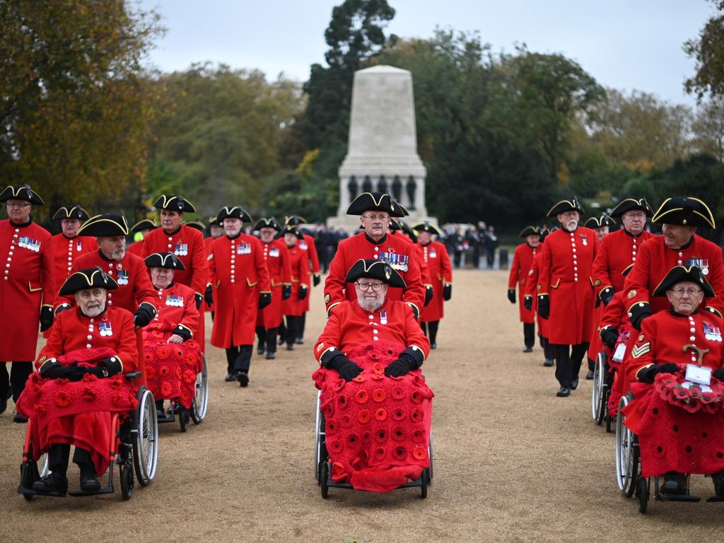 Veterans from the Chelsea Pensioners cross Horse Guards Parade to attend the Remembrance Sunday ceremony. Picture: Getty Images