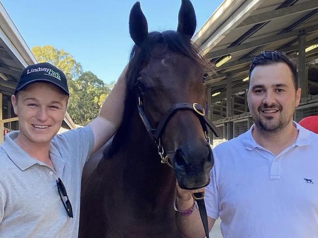 Att Ben Dorries - Trainer Ben Hayes and Owner Jarred Magnabosco with Caulfield Guineas contender Tijuana as a yearling - Photo Supplied