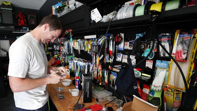 Patrick Dangerfield in his garage in Moggs Creek. Picture: Michael Klein.